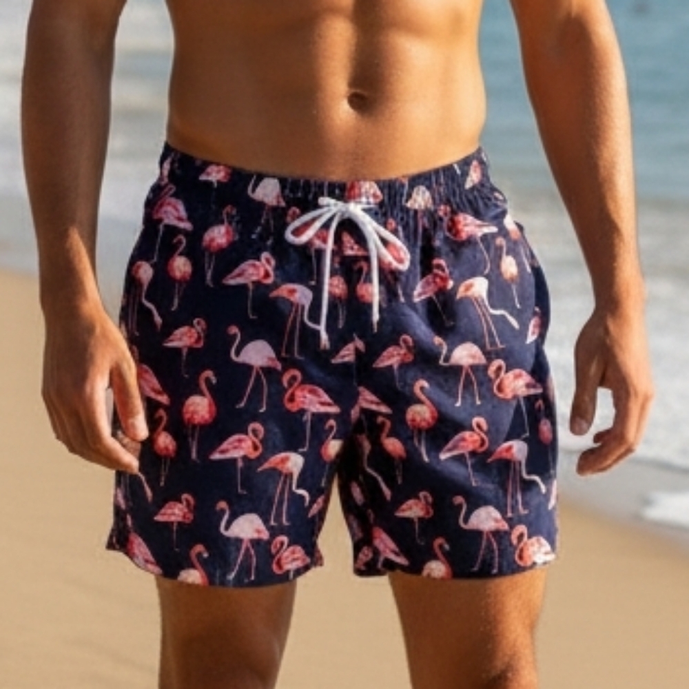 Mosmann Australia Mens Swim Trunks Shorts Navy w/ Pink Flamingos Beach Summer M